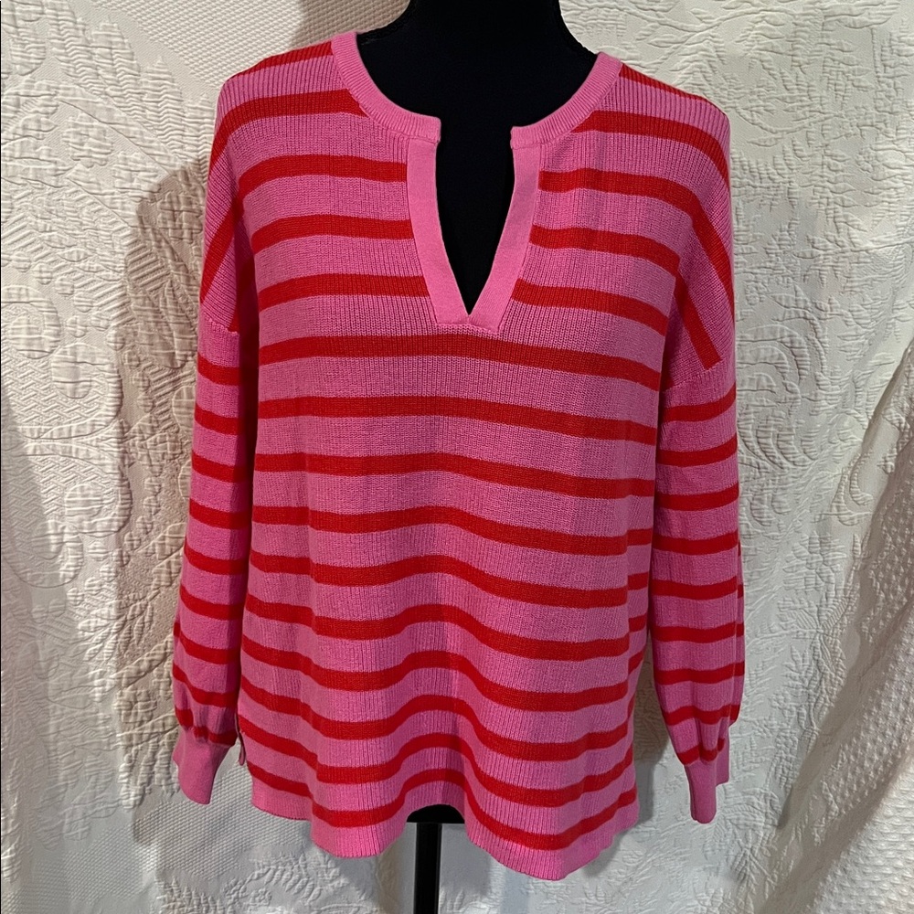 LOFT Pink and Red Striped Knit Top, size medium, NWT‎
